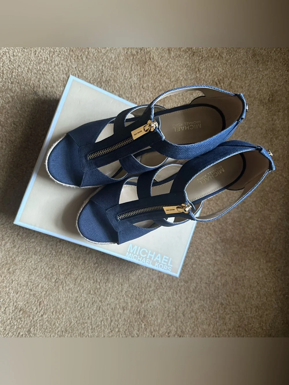 Michael Kors Navy Canvas Zip Wedge Berkley Sandals with Espadrille Heel